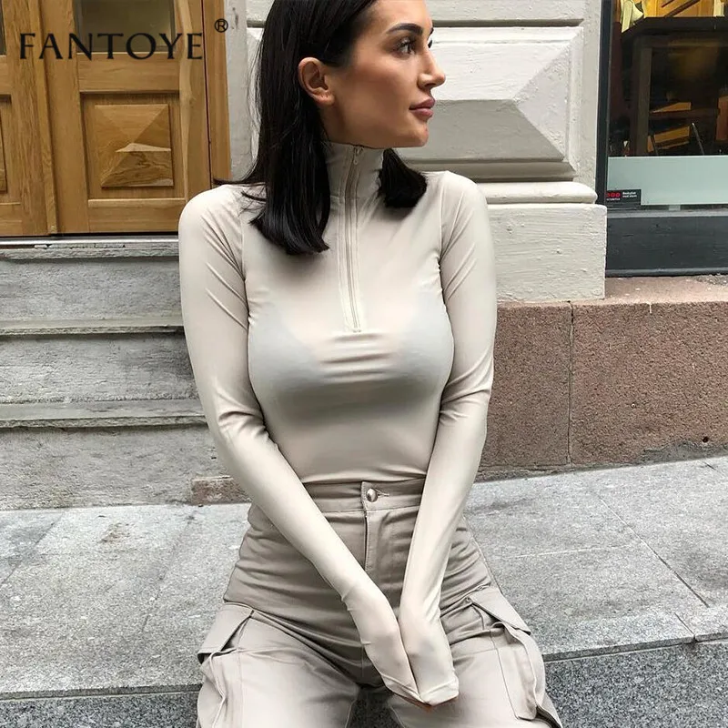 Fantoye سحاب أكمام طويلة عالية الرقبة مثير ارتداءها النساء قمم مرونة ضئيلة ثوب فضفاض للمرأة بذلة الأساسية عارضة حزب وزرة Fantoye سحاب أكمام طويلة عالية الرقبة مثير ارتداءها النساء قمم مرونة ضئيلة ثوب فضفاض للمرأة بذلة الأساسية عارضة حزب وزرة