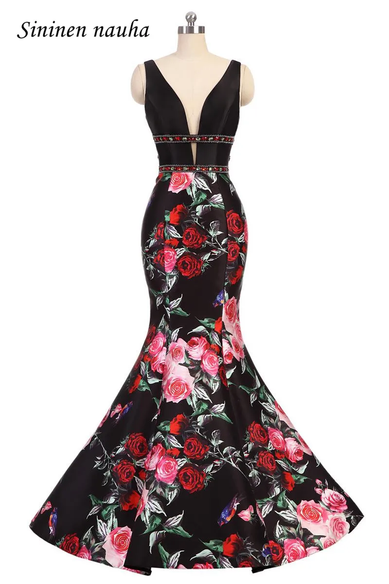

Long Evening Dresses Flower Pattern Floral V Neck Mermaid Plus Size Prom Formal Gown Party Vestidos De Festa Robe De Soiree 64