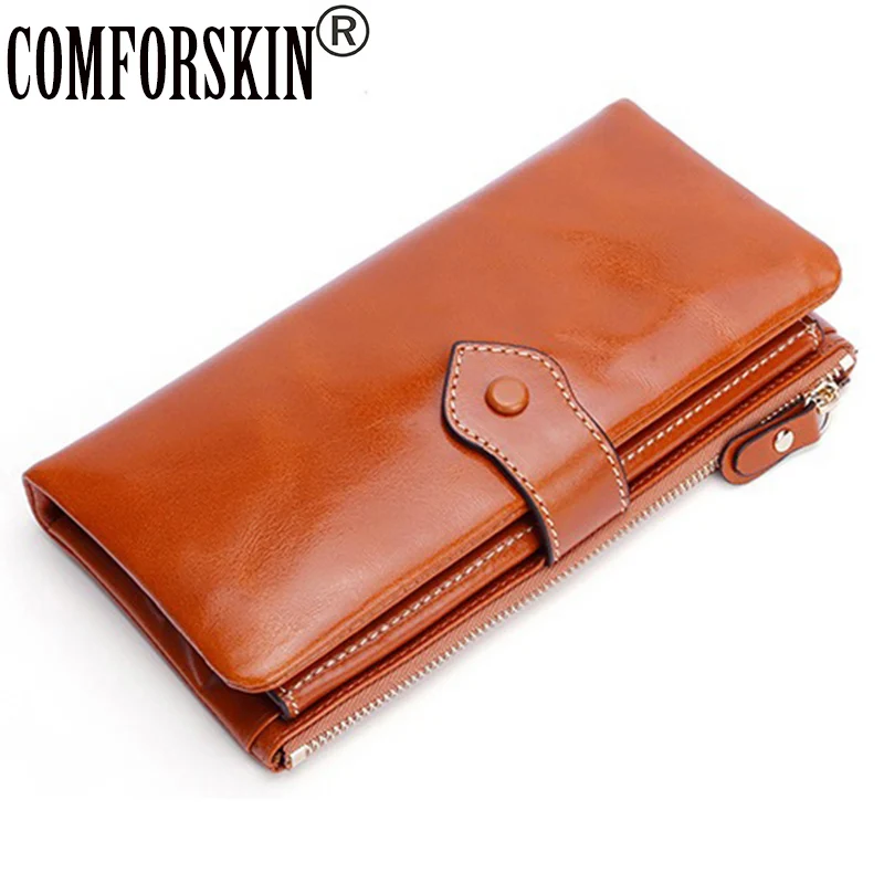 

COMFORSKIN Long Multi-function Female Wallet European And American Style Women Leather Wallet Guaranteed Cowhide Zipper Purses