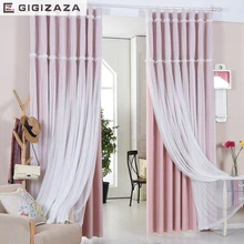 Lucky floral tassel lace head top curtain pink color cloth curtain+voile sheer black out fabric bedroom customize curtain window