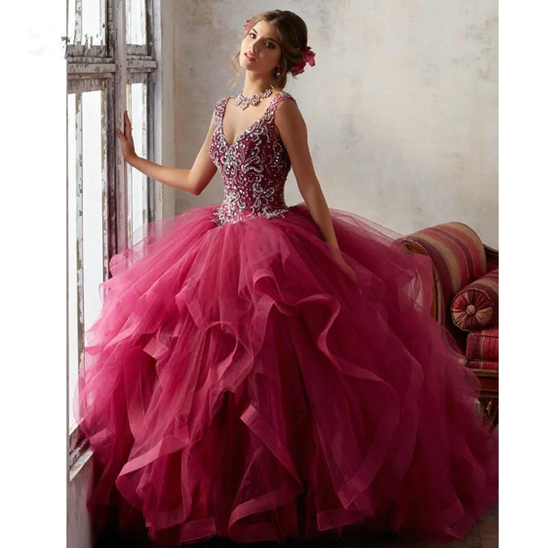 Фатиновые пышные платья бальное платье с v-образным вырезом Коралловое кружево с бусинами вечернее платье дебютантные платья 15 лет - Цвет: picture color