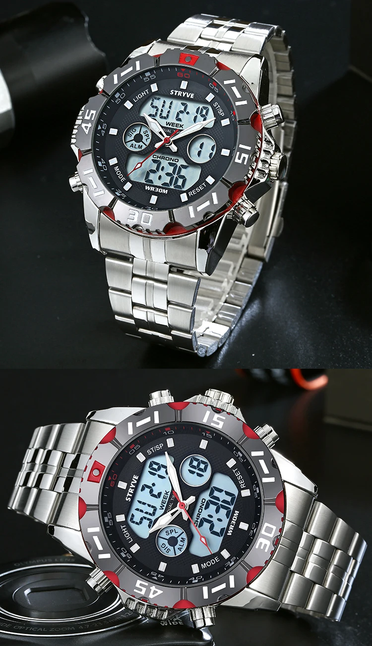 Stryve 8011 Relojes брендовые водонепроницаемые военные спортивные часы мужские Цифровые кварцевые часы из нержавеющей стали с двойным дисплеем montre homme