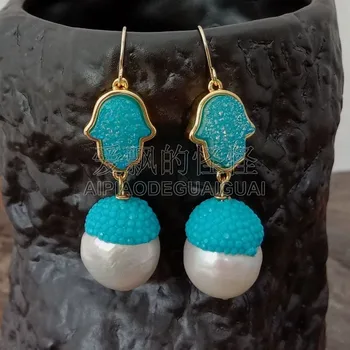 

E051619 2'' White Keshi Pearl Blue Stone Druzy Hamsa Hook Earrings