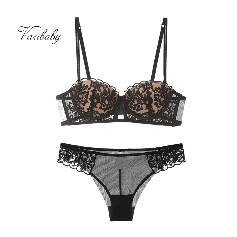 

Varsbaby women sexy embroidery push up bras ultra-thin cotton underwear half cup lingerie set