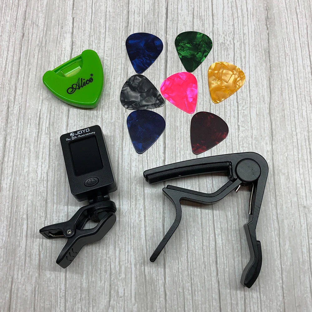 Kit de herramienta de la Guitarra sintonizador + Capo + llavero titular + 7 celuloide escoge ajuste Capotraste mediador caso Guitarra piezas accesorios