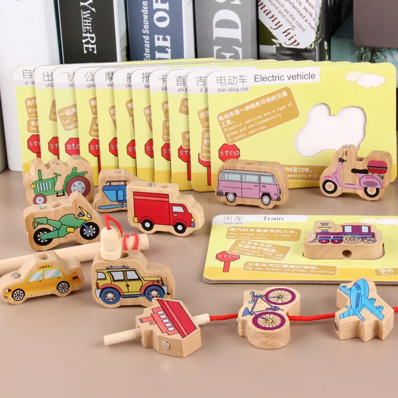 

Baby Safety Beaded Learning English Animal Card Education Wooden Blocks Cartoon Lacing Wooden Threading Beads Game Education Toy