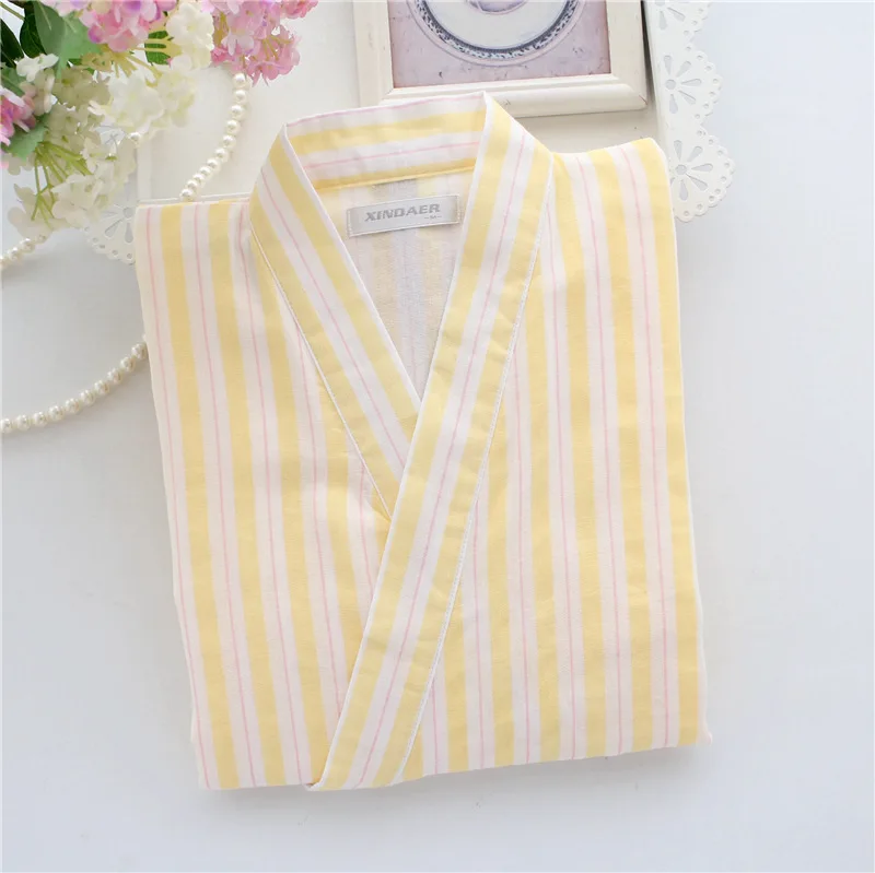 Летний тонкий стиль, хлопок, марлевые халаты, вязаные женские халаты, одежда для сна размера плюс, кимоно, ночной халат, длинный халат - Цвет: Yellow wide stripe