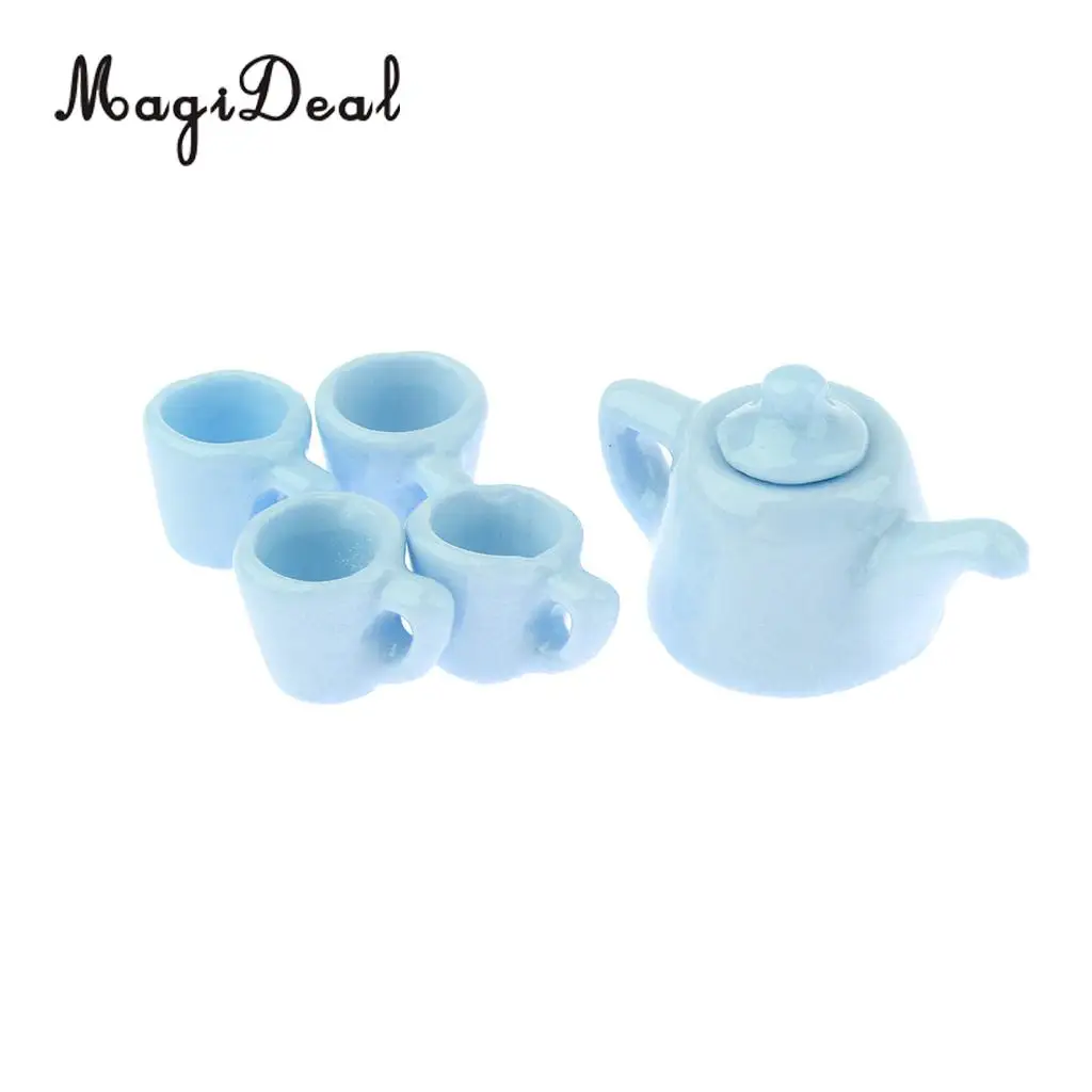 5 Pieces 1/12 Dollhouse Miniatures Dining Ware Porcelain Tea Cup Set Kitchen Accessory Blue