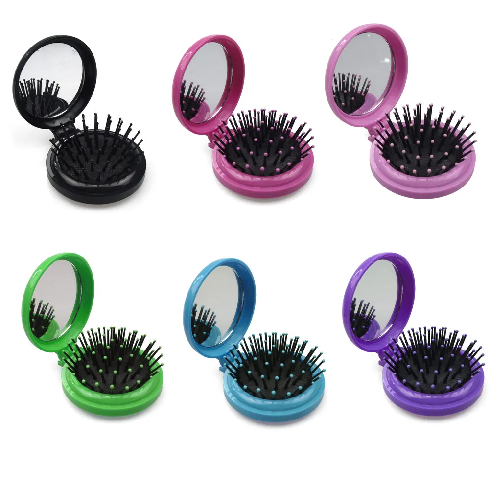 

Portable Travel Round Folding Comb anti-static Hair Brush Mirror Travel Massage Girl Hair Brush With Mirror