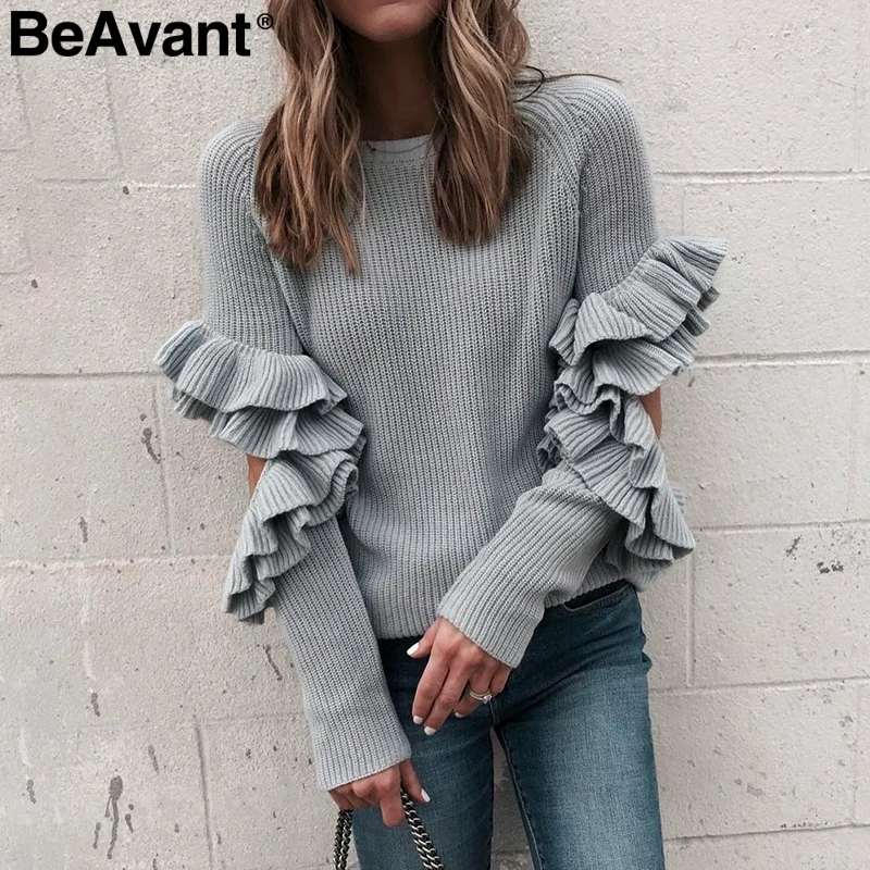 

BeAvant Cut out sleeve knitted ruffle sweater female O neck women pullover winter sweater Pull femme loose casual jumper 2018