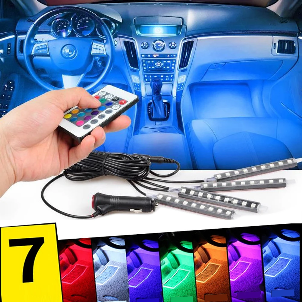 

YIJINSHENG Car RGB LED Strip Light 4pcs LED Strip Lights Decorative Atmosphere Lamps Interior Light Car Styling With Remote