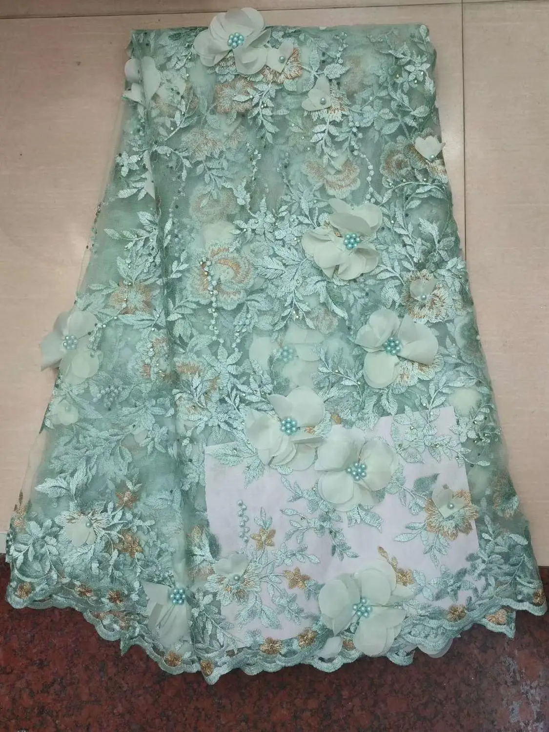

2019 High Quality Nigerian Tulle Lace Fabrics Latest Beaded Mesh African Lace Fabric Bride French Net Lace Fabric white green(6
