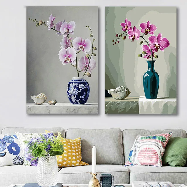 

DIY colorings pictures by numbers with colors Pink orchid flower arrangement picture drawing painting framed Home