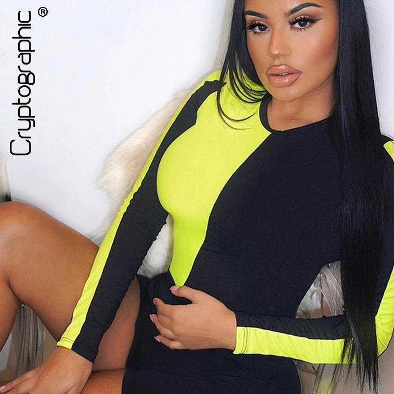 

Cryptographic Neon Fashion Round Neck Long Sleeve Casual Bodysuit Summer 2019 Female Tops Romper Womens Jumpsuits Slim Bodysuits