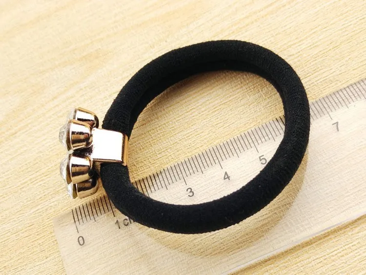 2pcs Rhinestones Flowers Gold Plated Black Elastic Ponytail Holders Hair Accessories For Girl Women Rubber Band Tie Gum