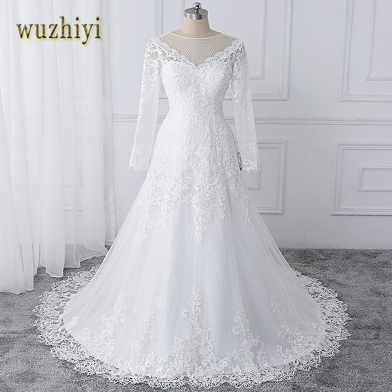 Wuzhiyi, высокое качество, vestido de noiva, вырез лодочкой, свадебные платья, Кружевная аппликация, свадебное платье на молнии, пуговица сзади, свадебное платье