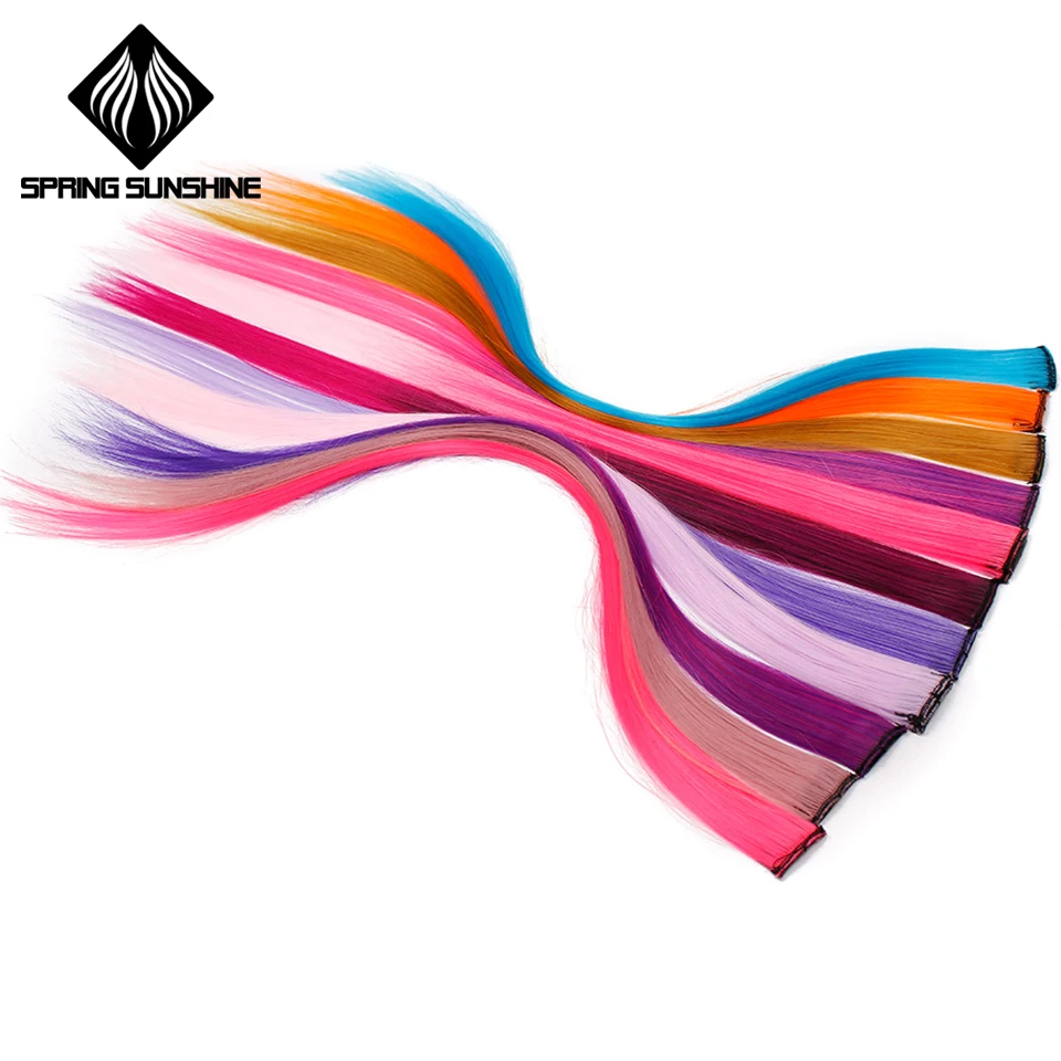 Spring sunshine Single Clip In One Piece Long Straight Heat Resistant Synthetic Hair Extensions Pink Green Hair Pieces