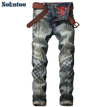 

Special price Men's vintage patchwork denim jeans Fashion slim patch hole ripped straight pants Long trousers