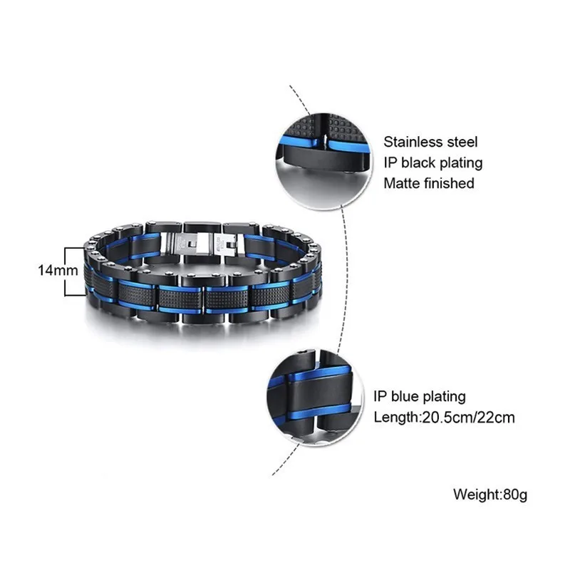 Роскошный мужской браслет синего и черного цвета из нержавеющей стали, Регулируемый подарок для еды