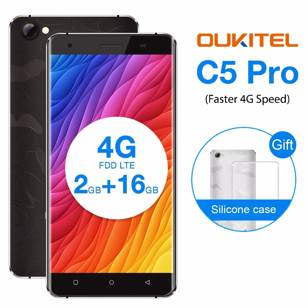 OUKITEL C5 Pro Smartphone 5.0 inch Android 7.0 MTK6737 Quad Core 1.3GHz 2GB RAM 16GB ROM 2000mAh Dual SIM Cheap Phone LTE 4G
