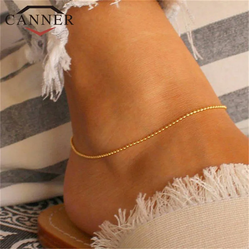 

CANNER Simple Gold Silver Color Alloy Beads Anklet Bracelet Temperament Foot Jewelry for Women TW