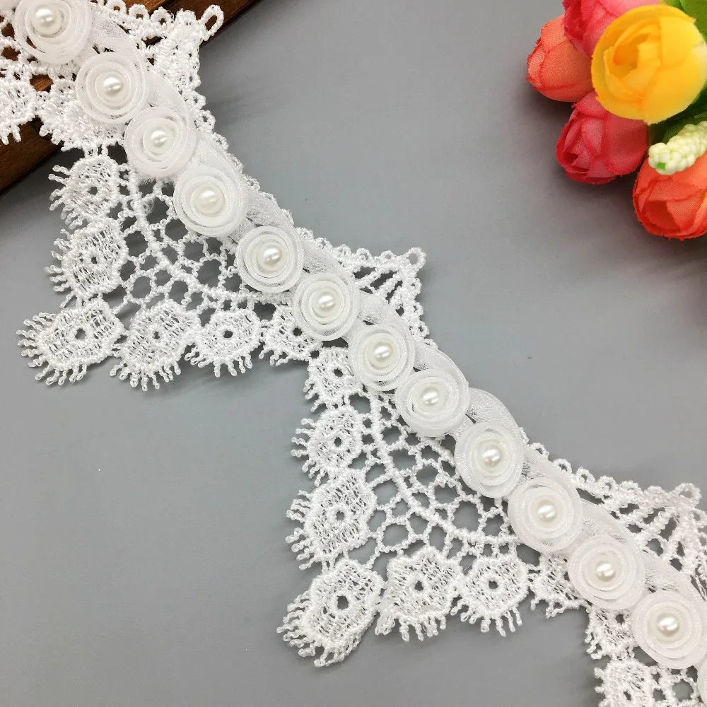 1 yard Vintage Flower Pearl Lace Edge Trim Wedding Ribbon Applique Sewing Craft