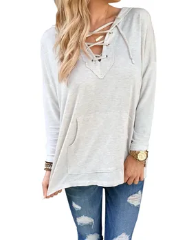 

2016 New Fashion Stylish Ladies Women Casual V-neck Long Sleeve Tops Loose Hooded Hoodie