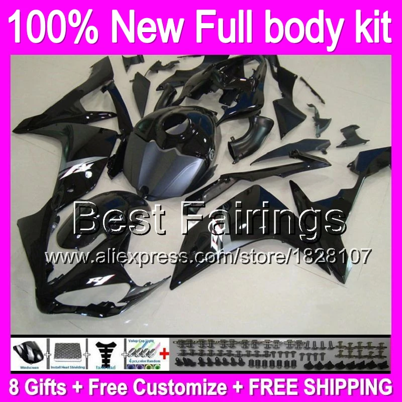 

Fairing Body For YAMAHA YZF-R1 07-08 YZF1000 ALL Black 07 08 YZF R1 12B68 YZF 1000 07 08 YZFR1 2007 2008 Glossy black +decal
