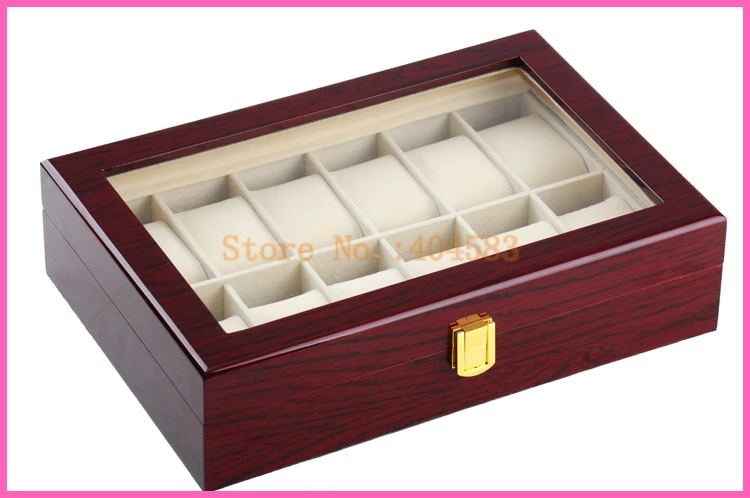 

12 Slot Glass Lid High Glossy Lacquered Wood Jewelry Watch Storage Display Case Box Organizer With Cushions
