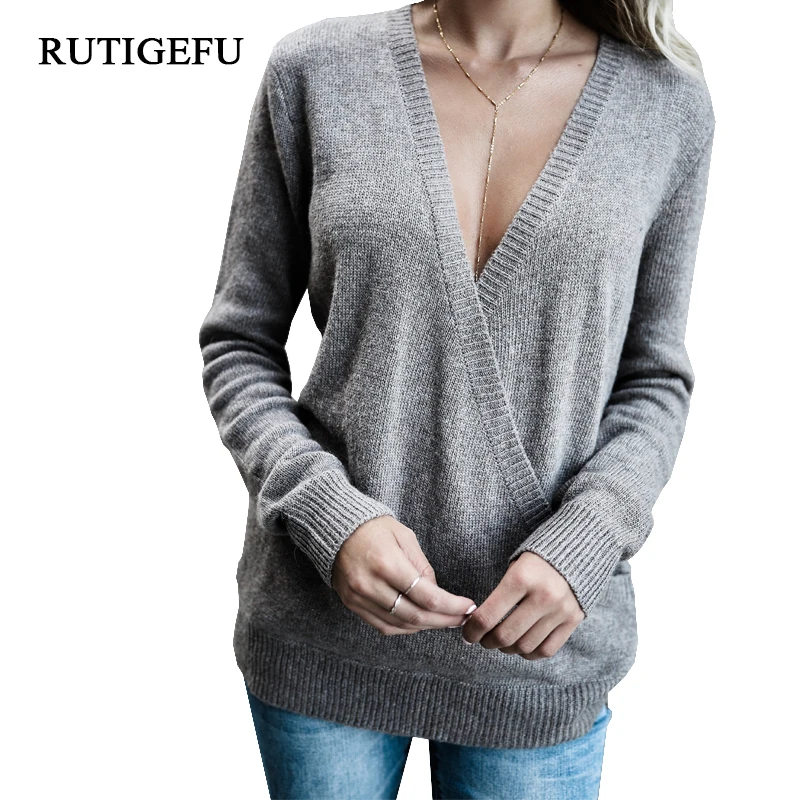 Autumn winter deep v-neck crossover sweater pullover sexy women's Hot sale 2018 fashion long-sleeved cross-knit | Женская одежда