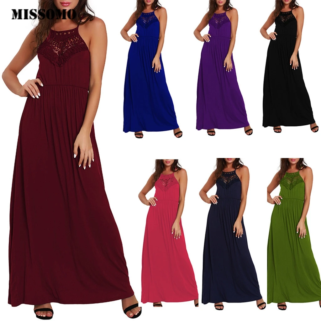 

MISSOMO Dress Women Sleeveless vest Dress Summer Boho dress Plain long Maxi Dress Casual black lace Dress hollow out Sundress 67