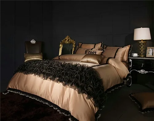 Хлопок имитировать шелк мягкий постельный комплект Черное кружево роскошный золотой набор постельного белья для девочек queen ковровое покрытие для простыни на кровать, наволочками, Комплект постельного белья для очень больших и 36 - Цвет: Color 1