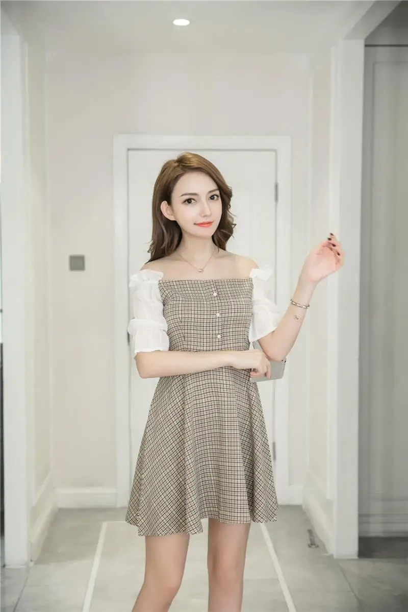 2018 Summer New Women Fresh Lattice Feifei Sleeve Dress Short Fund Leisure Time Vest Fashion A-line Dress