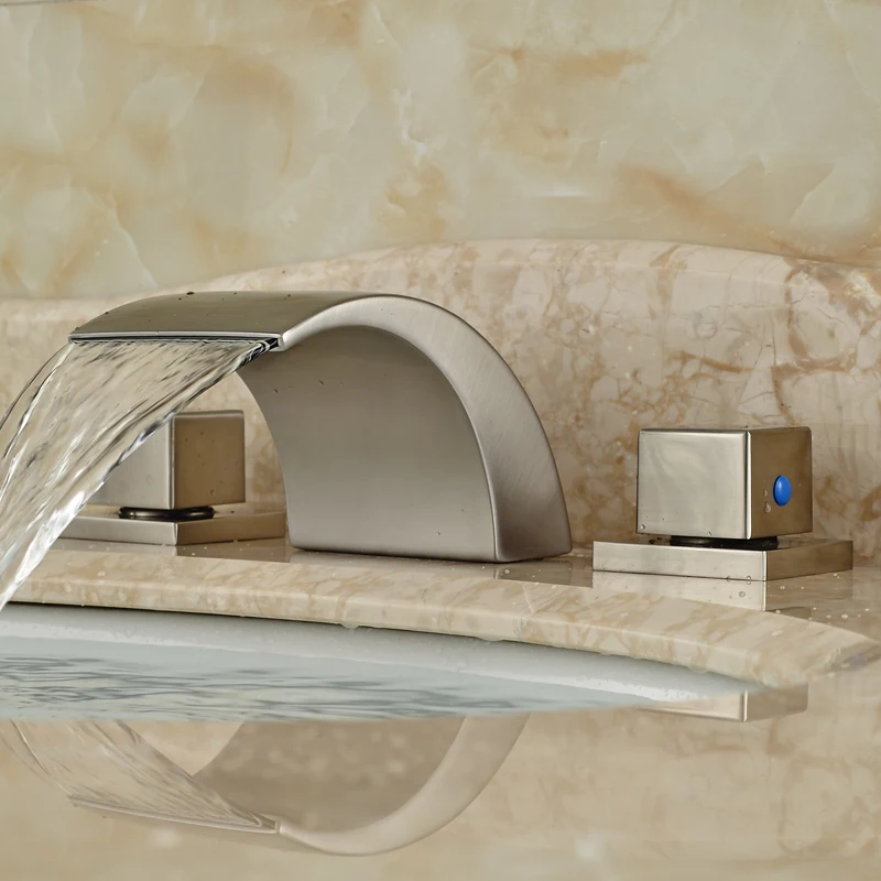 Good Quality Curved Spout Brushed Nickel Basin Faucet Deck Mount Bathroom Tub Sink Faucet