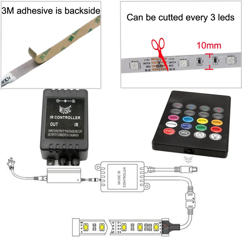 SMD 5050 музыкальная синхронизация RGB Светодиодная лента светильник 5 м 10 м 15 м 150 светодиодный водонепроницаемый гибкий ленточный диодный ленточный ИК-контроллер DC 12 В комплект адаптеров