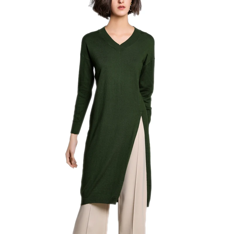 

Women Midi Dress Cashmere Wool Knitted V-neck Long Sleeve Split Black Green Korean Sweater Dresses Female Vestidos Fashion 2019