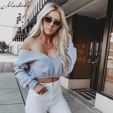 Macheda Женская сексуальная укороченная кофта с длинным рукавом с V-образным вырезом на резинке поясе повседневная короткая толстовка