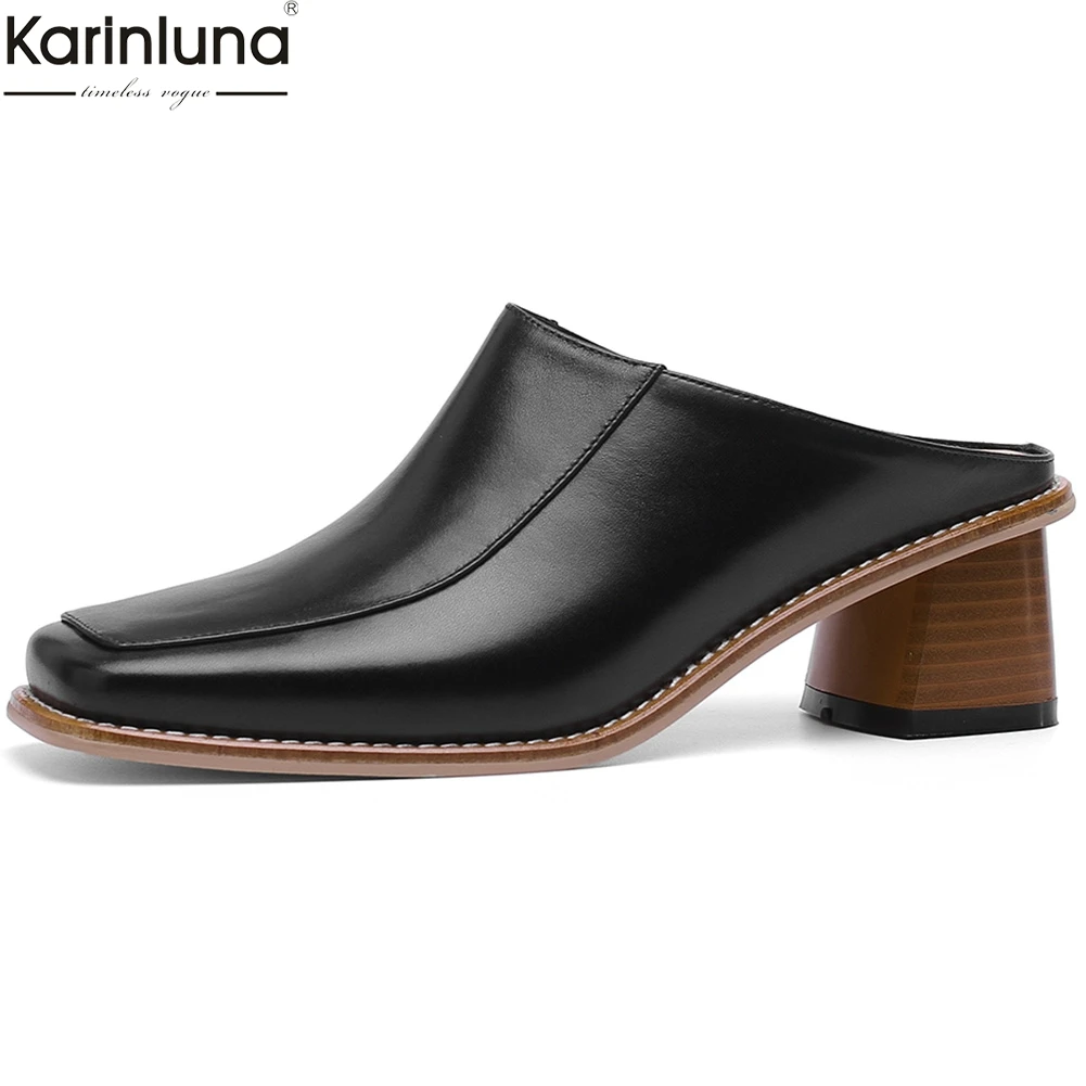 

Karinluna large size 33-40 square toe genuine leather pumps woman shoes chunky heels lady mules shoes woman pumps