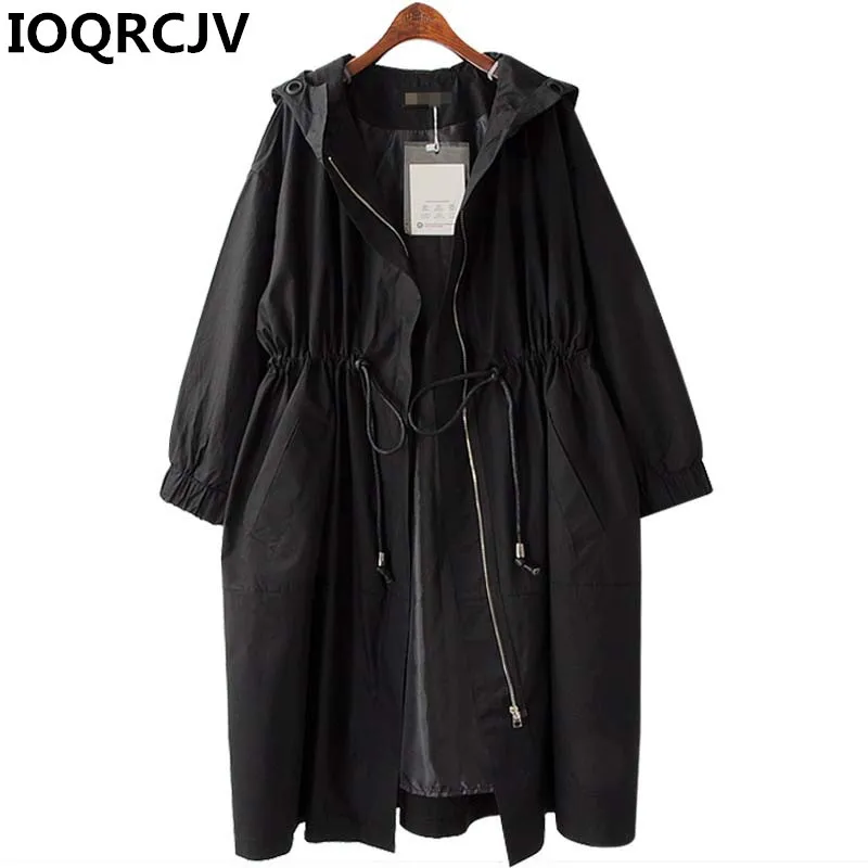 

2019 Spring Autumn New Long Trench Coat Women Casual Hooded Windbreaker Female black Overcoat Outerwear Large size 3XL 4XL R793