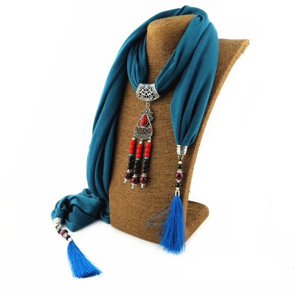 

New Fashion Ethnic Polyester cotton Ceramic beads Tassel Alloy flower pendant Jewelry Scarf Necklace Women colour Scarves Hot