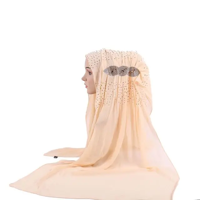 Модные изысканные однотонные хиджаб из шифона со стразами, народная шаль, шарф, повязка на голову, мусульманский тюрбан, 17 цветов