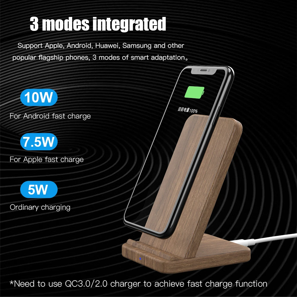 KEYSION 10 Вт Qi Быстрое беспроводное зарядное устройство для samsung S10 S9 S8 деревянная Беспроводная зарядная подставка для iPhone 11 Pro XR XS Max X 8 Plus