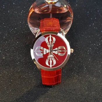 

Fashion Guou Brand Women's Watches Vajra Buddhist Carvings Pattern Black Quartz Watches Genuine Leather Neutral Wristwatches