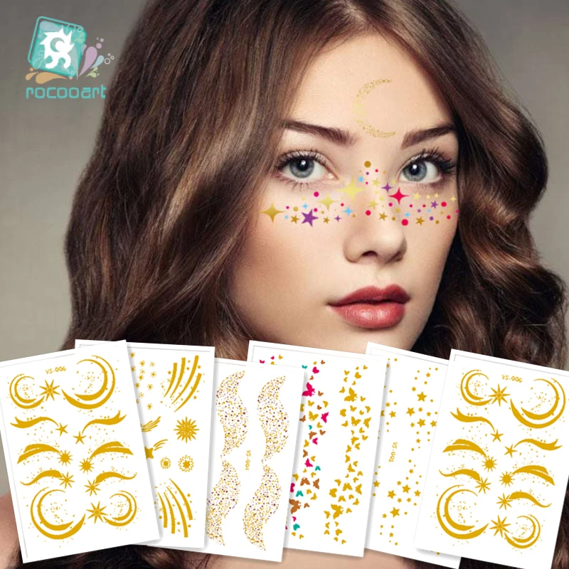 

6Sheet Gold silver face Eyes Star Moon Tattoos Glitter Fashionable Freckle Dot Butterfly Make Up Body Art Flash tattoo Sticker