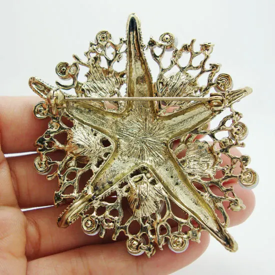Vintage Fashion art Style Starfish Pearl Brooch Pin Pendant Purple Rhinestone