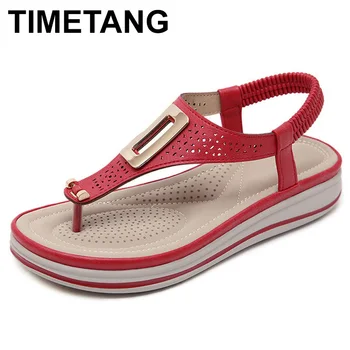

TIMETANGSummer Platform Flip Flops Women Solid Color Beach Sandals Soft Leather Comfortable Low Heels Flats Shoes Metal Big Size