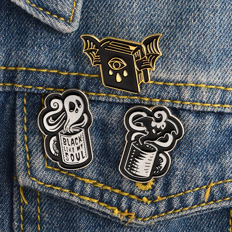 

3PCS/SET Black Cup Skeleton Skull Bat Pin Set Brooch Badge Enamel pin Backpack Bag Jacket Accessories Men Women Brooch