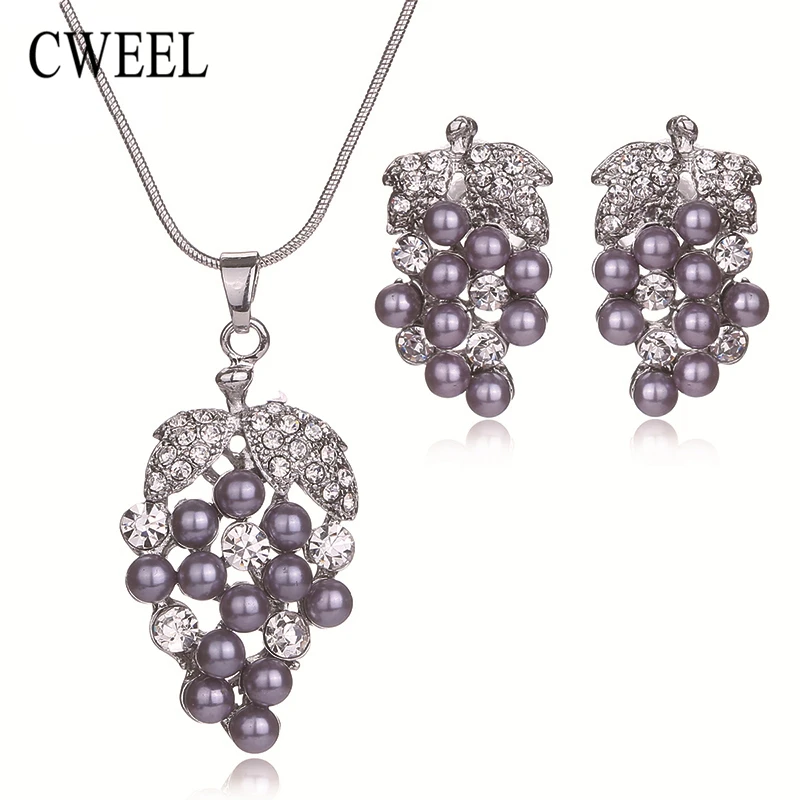 CWEEL Women Wedding Party Simulated Pearl Grape Imitated Crystal Necklace Earrings Jewelry Sets Bridal African Beads Accessories