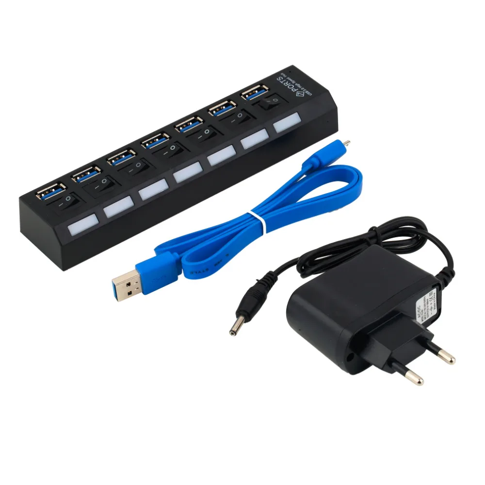 

Hot Worldwide High Speed 7Ports USB 3.0 Hub with On/Off Switch+EU/US AC Power Adapter for PC Laptop
