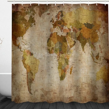

Retro World Map Pattern Design Custom Shower Curtains Bathroom Waterproof Mildew Polyester Fabric + 12 Hooks